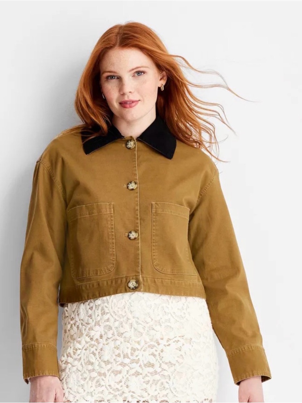 Women's Cropped Utility Jacket with Contrast Collar - Caramel